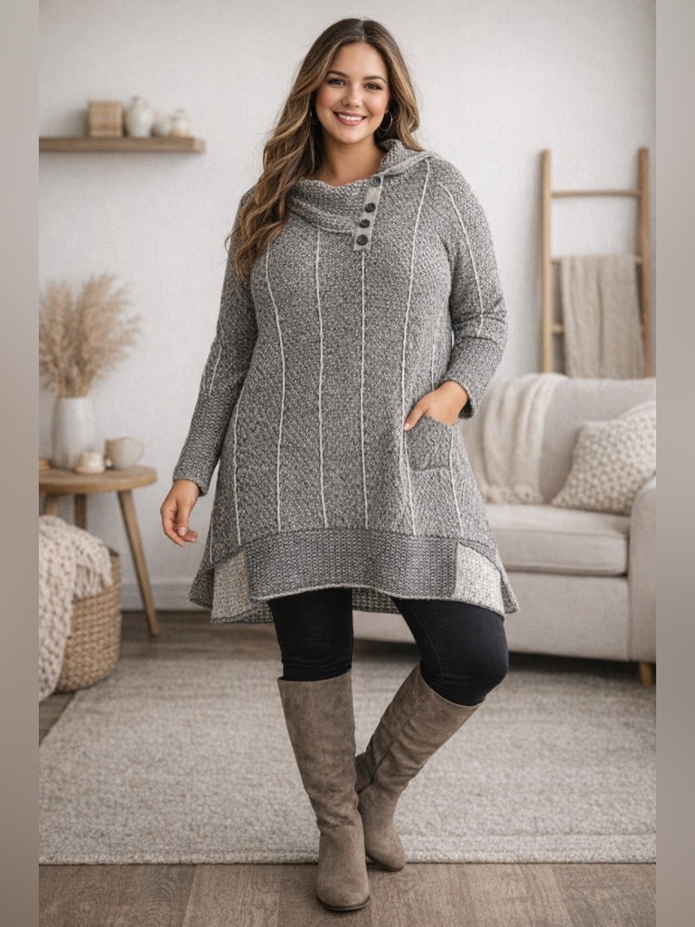 eight eight eight Gray Textured Hooded Tunic Sweater with Buttons